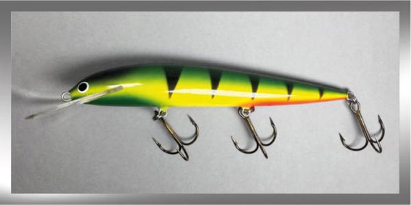 Karikko Wobbler, Länge: 18 cm, Farbe: Fire Tiger 58R, schwimmend, von Suomen Uistin The Finnish Lure Company (Jarmo Rapala)